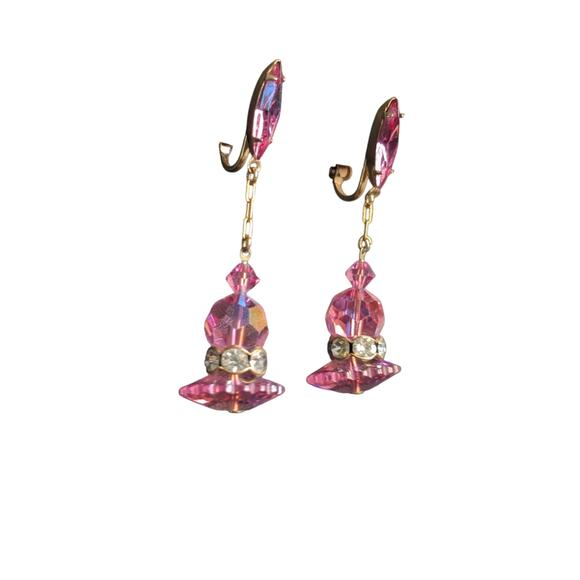 Vintage Pink AB Faceted Crystal Rhinestone Gold Tone Dangle Ear Clips - Picture 6 of 7